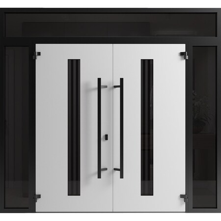 Vdomdoors Front Exterior Prehung Aluminum Double Doors Ronex1055 Teak 2 Sidelights and Top Transom Mirrored RONEX1055DEXD-OAK-W12+72+12xH96+12-RH-I