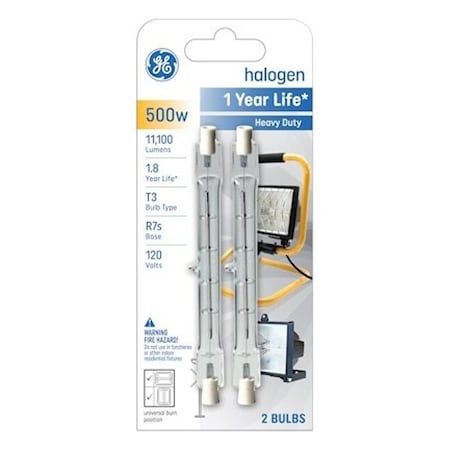 Ge Halogen Bulb, 500 W, R7s Lamp Base, T3 Lamp, 11100 Lumens, 2000 hr Average Life, 2PK 85048