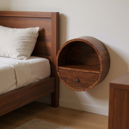 Homeroots 16" Chestnut Solid Wood Round One Drawer Floating Nightstand 651605