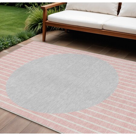 Homeroots 9' X 12' Pink And Silver Striped Washable Indoor Outdoor Area Rug 597191