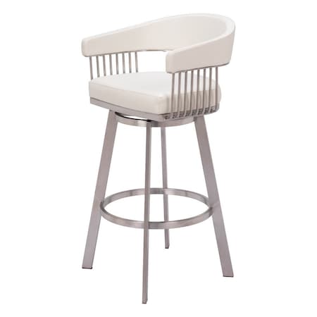 Homeroots 31" White And Silver Faux Leather And Stainless Steel Bar Height Swivel Bar Chair 555768