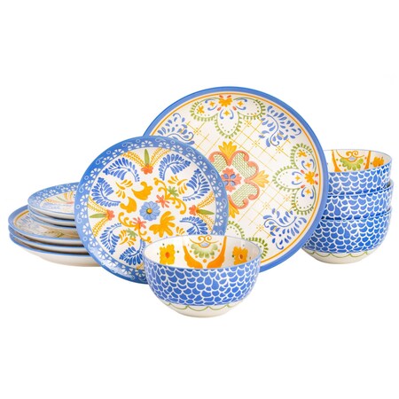 Laurie Gates Tierra Tile 12 Piece Round Stoneware Dinnerware Set in Assorted Designs 130959.12RR