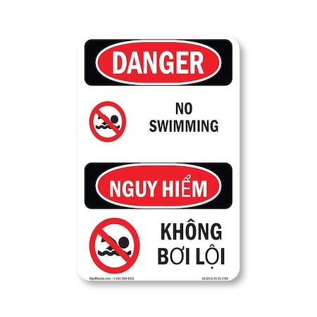 Signmission Safety Sign, OSHA Danger, 5" Height, No Swimming Bilingual OS-DS-D-35-VV-1709