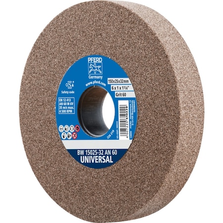 Pferd Vitrified Bench Wheel, UNIVERSAL, 6" x 1 x 1-1/4, 60 Grit, Aluminum Oxide 61746