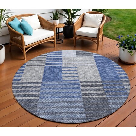 Homeroots 8' Denim Blue And Navy Blue Round Striped Washable Indoor Outdoor Area Rug 581691