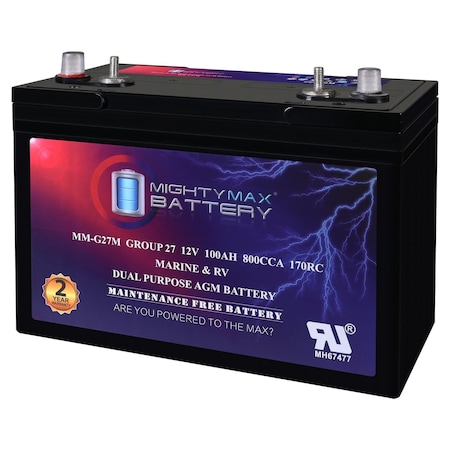 Mighty Max Battery MM-G27M, 12V 100Ah, Group Size 27M Deep-Cycle Marine AGM, 800 CCA, 850 MCA, 170 RC Battery MAX4165861