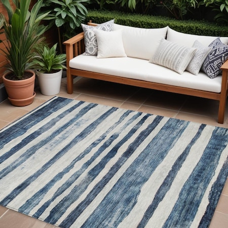 Homeroots 8' X 10' Denim Blue And Gray Striped Washable Indoor Outdoor Area Rug 605900