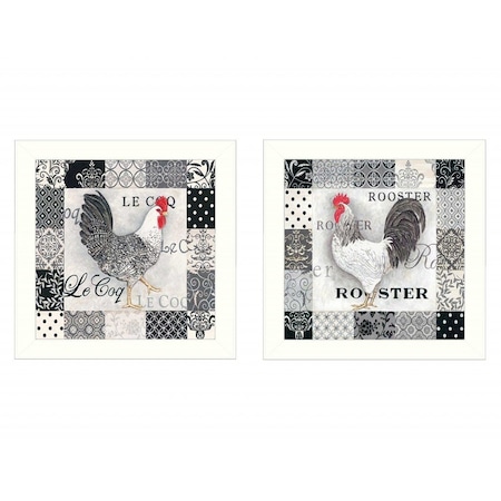 Homeroots Set Of Two Black And White Rooster White Framed Print Wall Art, 2PK 405683