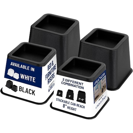 Lifemaster Bed Risers, 3-inch, Heavy Duty, Sofa Couch, 1300lbs Support, Under Bed Storage, 4PK LMBEDBLK4
