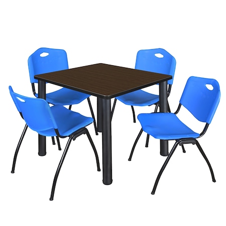 Regency Square Kee Breakroom Table W/ 4 M Stack Chairs, 42 in W, 42 in L, Neo Walnut TB4242NWBPBK47BE