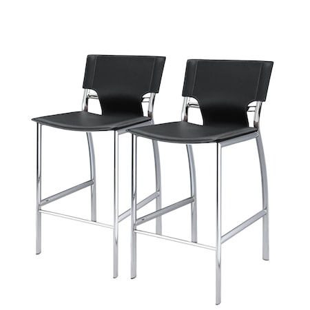Homeroots Set of Two 25" Black and Silver Faux Leather and Metal Low Back Counter Height Bar Chairs, 2PK 555051