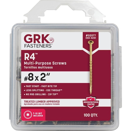 Grk Fasteners GRK R4 No, 8 x 2'' Star Drive Multi-Purpose Wood Screw, 100 Ct. 2077
