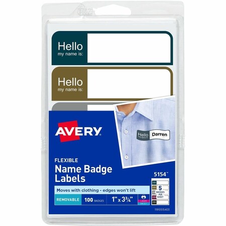 Avery Dennison HELLO FLEXIBLE SELF-ADHESIVE NAME BADGE LABELS, 1 X 3-3/4, PROF. ASST, 100PK 5154