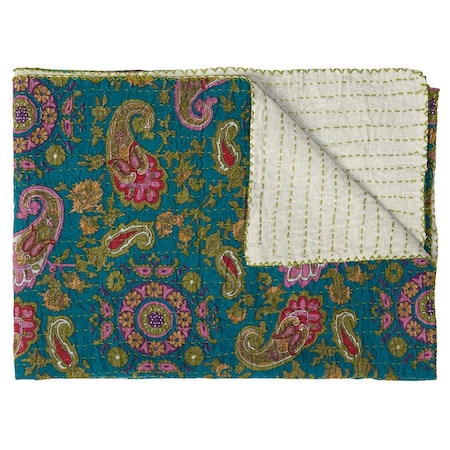 Homeroots 50" X 70" Green and Pink Kantha Cotton Paisley Throw Blanket with Embroidery 332337