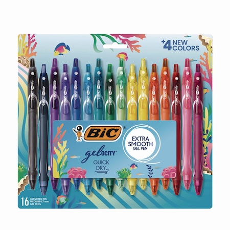 Bic Gel-ocity Quick Dry Gel Pen, Retractable, Medium 0.7 mm, Assorted Ink and Barrel Colors, 16PK RGLCGA16-AST