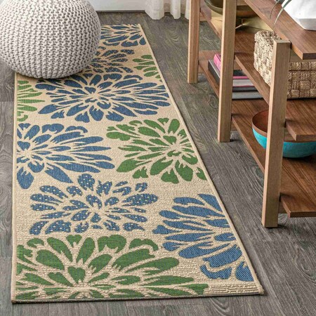 Jonathan Y Zinnia Modern Floral Textured Weave Navy/Green 2 ft. x 14 ft. Indoor/Outdoor Runner Rug SMB110B-214