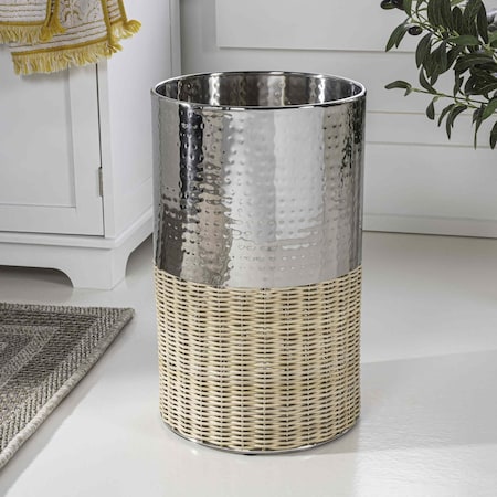 Happimess Asher Modern 4.13-Gallon 2-Tone Natural Wicker/Metal Cylinder Waste Basket, Chrome/Natural HPM1102B