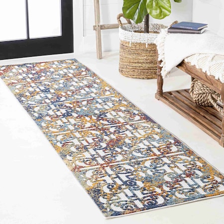 Jonathan Y Cetara Ornate Trellis Cream/Blue/Orange 2 ft. x 8 ft. Indoor/Outdoor Runner Rug AMC111A-28