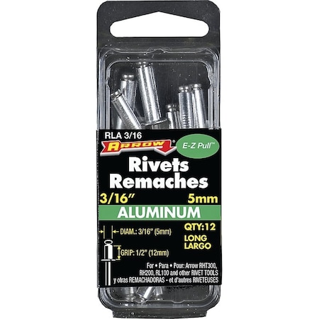 Arrow Lock Pop Rivet, Long, 1/2 in Grip, 1/2 in L, Aluminum, Silver, 12/PK, 12PK RLA3/16