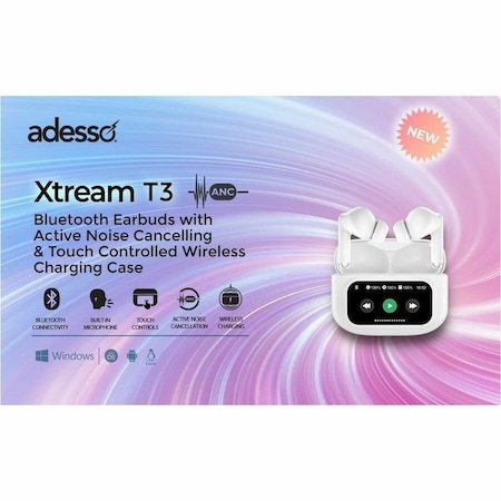 Adesso BLUETOOTH ACTIVE NOISE CANCELLATION EARBUDS WITH CHARGING CASE FEATURING TOUCHSC XTREAMT3