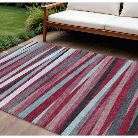 Homeroots 8' X 10' Burgundy Ivory And Blue Striped Washable Indoor Outdoor Area Rug 597310