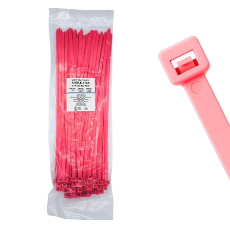 Cable Ties Unlimited Cable Tie, 14 in L, 120 lb Strength, 4 in Max Bundle Dia, Nylon 6/6, Fluorescent Pink 100PK C14-120-Flo Pink
