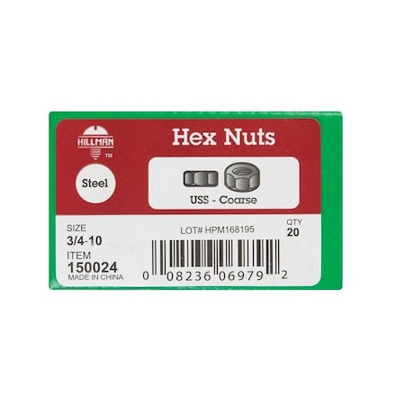 Hillman 3/4 in. Zinc-Plated Steel USS Hex Nut, 20PK 7150024