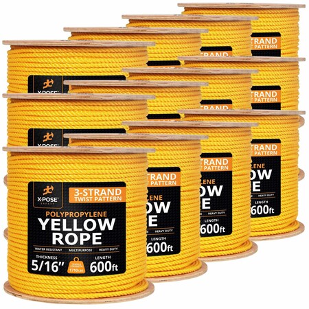 Xpose Safety 5/16in x 600 ft Twisted Polypropylene Rope, Yellow, 12PK YPR516-600-12-X