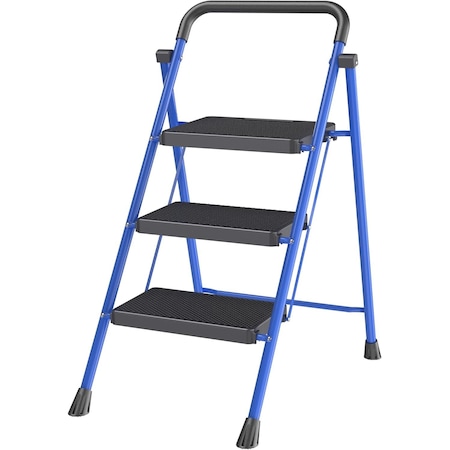 Campior Blue 3-Step Foldable Stool, 500 lbs Cap., Anti-Slip Feet, Steel Frame, Space-Saving for Home and More DRIB3STPBLU