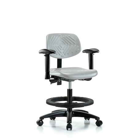 Blue Ridge Ergonomics Poly Chair-Medium Bench Ht with Seat Tilt, Adjustable Arms, Black Foot Ring, & Casters in Gray Poly PMBCH-RG-T1-A1-BF-RC-GRY