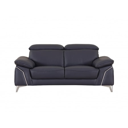 Homeroots 71in Navy Blue And Silver Genuine Leather Loveseat 329691