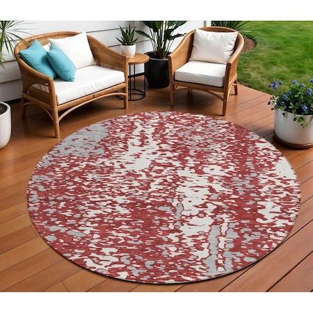 Homeroots 8' Burgundy And Ivory Round Abstract Washable Indoor Outdoor Area Rug 612943