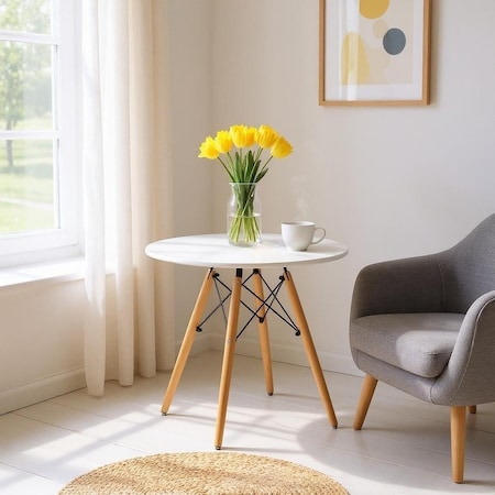Homeroots 30" White And Natural Rounded Fiberglass And Solid Wood Dining Table 520870