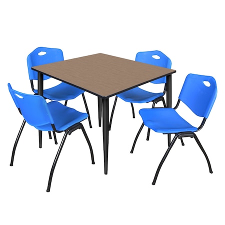 Regency Square Kahlo Breakroom Table W/ 4 M Stack Chairs, 48 in W, 48 in L, Noble Oak TPL4848NOBK47BE