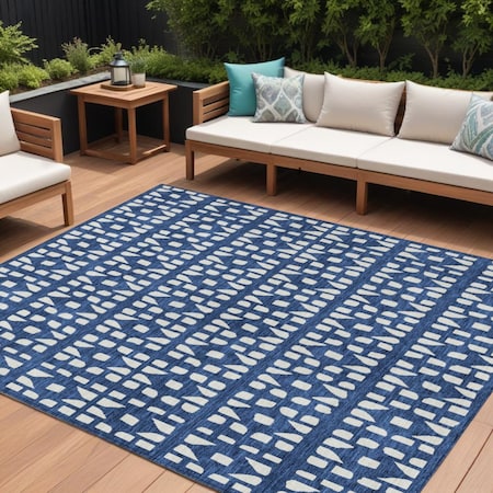 Homeroots 10' X 14' Navy Blue And Ivory Geometric Washable Indoor Outdoor Area Rug 613794