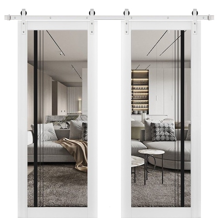 Sartodoors Sturdy Double Barn Door with Clear Glass, Lucia 2566 White Silk and Aluminum Strips, 13FT Rail Han LUCIA2566DB-S-WS-36 x 96