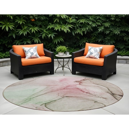 Homeroots 8' Round Gray and Pink Round Abstract Washable Non Skid Indoor Outdoor Area Rug 559366