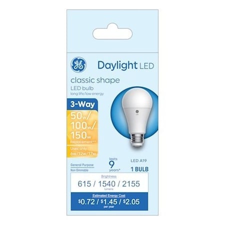 Ge LED Bulb, 3-Way, A19 Lamp, 50/100/150 W Equivalent, Medium Lamp Base, DayLight, 5000 K Color Temp 93130568