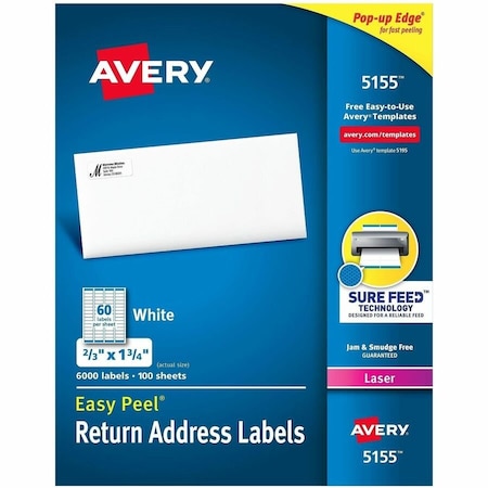 Avery Easy Peel Laser Mailing Labels, 2/3 x 1-3/4, White, 6000/Pack 5155