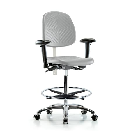 Blue Ridge Ergonomics CL100CleanRoom Chair-High Bench Ht with Medium Back, Adj Arms, Chrome Foot Ring, &Casters in Gray Poly NCR-PHBCH-MB-CR-T0-A1-CF-CC-GRY