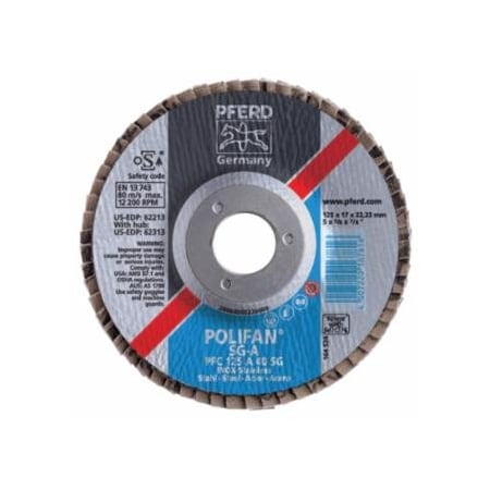 Pferd POLIFAN Type 29 SG Flap Disc, 5in dia, 40 Grit, 7/8in Arbor dia, 12200 RPM, Aluminum Oxide A, 10PK 419-62213