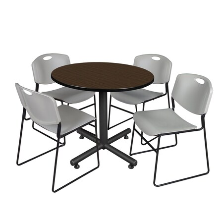 Regency Round Kobe Breakroom Table W/ 4 Zeng Stack Chairs, 42 in W, 42 in L, Neo Walnut TKB42RNDNW44GY