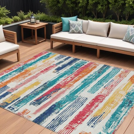 Homeroots 10' X 14' Ivory Teal Blue Orange And Red Striped Washable Indoor Outdoor Area Rug 616657