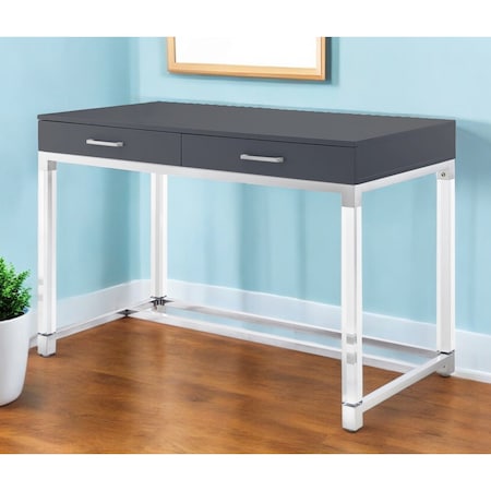 Homeroots 48" Dark Gray and Silver Wood Acrylic and Stainless Steel Writing Desk With Two Drawers 543748