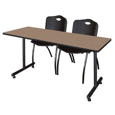 Regency Kobe T-Base Training Seminar Table W/ 2 M Stack Chairs, 60 in W, 24 in L, Noble Oak MKTRCT6024NO47BK