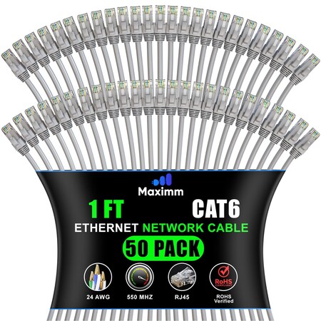 Maximm Cat6 Ethernet Cable 1ft 10Gbps 550MHz UTP, 50PK, Gray, 50PK CAT6CCA-1GR-50PK
