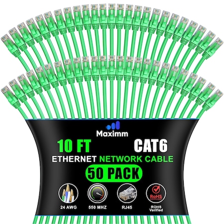Maximm Cat6 Ethernet Cable 10ft 10Gbps 550MHz UTP, 50PK, Green, 50PK CAT6CCA-10GN-50PK