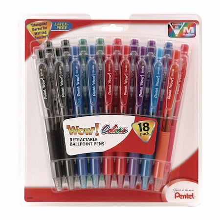 Pentel WOW! Ballpoint Pen, Retractable, Medium 1 mm, Assorted Ink and Barrel Colors, 18PK BK440PC18M