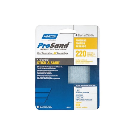 Norton ProSand 076607 Sanding Sheet, 4 1/2 in L, 4 1/2 in W, Very Fine, 220 Grit, Aluminum Oxide Abrasive 07660768177