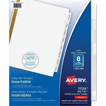 Avery Dennison Avery WorkSaver Big Tab Insertable Tab Divider, Blank, 8.5"x11", 8 Tabs, White/Clear 11124
